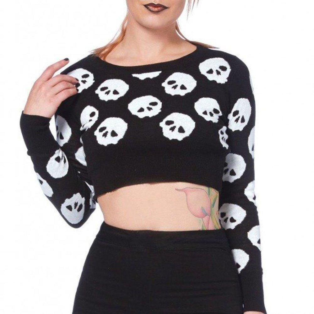 Jawbreaker Skull Pattern Crop top long sleeve knit sweatshirt